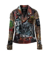 Women’s Gothic Leather Jacket – Snake Print Sleeves, Cannibal Corpse Patch & Bullet Spikes, Custom Punk Moto Fit
